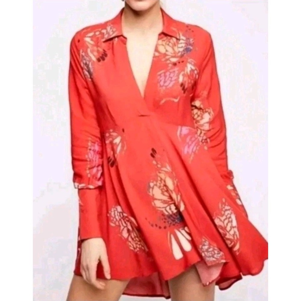 Free People Field Of Butterflies Women's Coral Long Sleeve Boho Tunic Top Size S